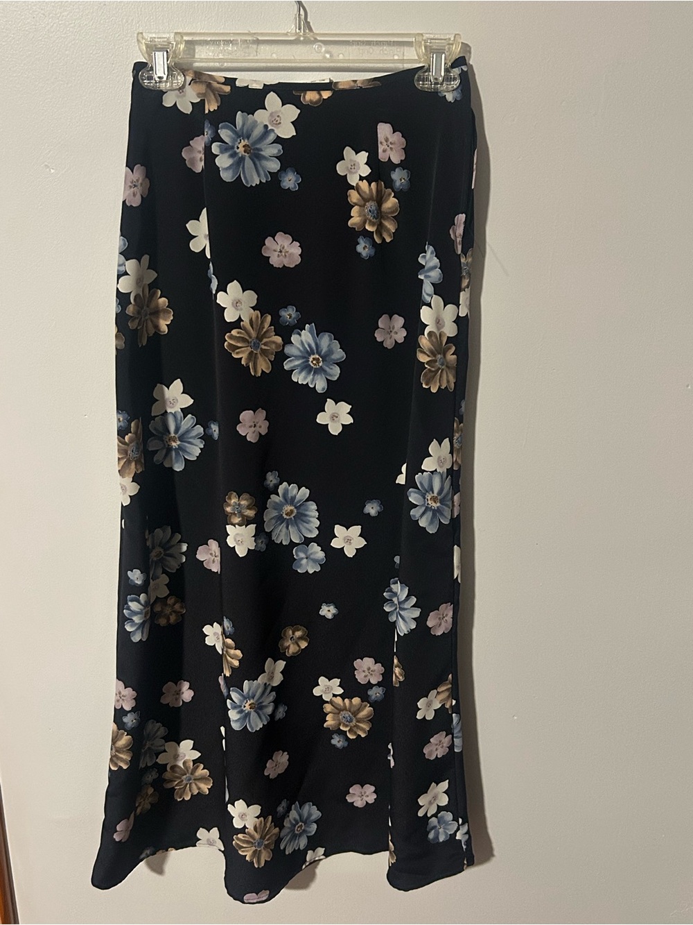 Hana Black Maxi Skirt with Blue, Cream & Tan Floral Pattern